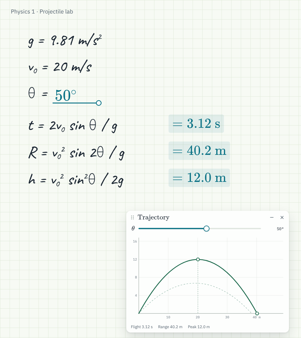 A physics page where changing the launch angle recomputes the flight time, range and height, and redraws the trajectory